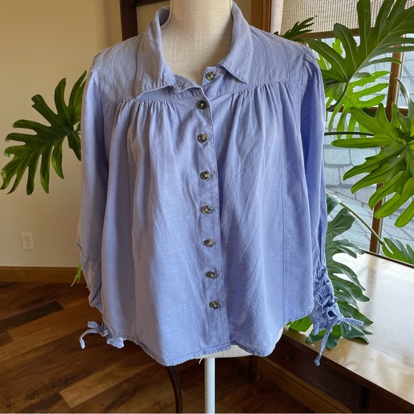 Free People Puff Long Sleeve Blue Button-Up Kiss Kiss Laced Cuff Blouse XS - Picture 2 of 15